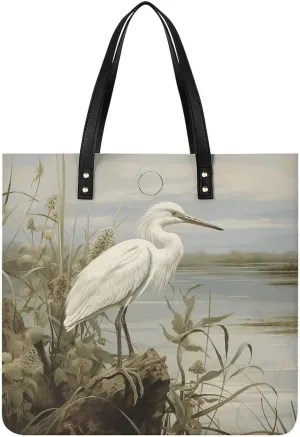 Leather Handbags Fallow Swamp Egret Printing Leather Purse Portable Tote Purse For Women
