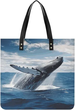 Leather Handbags Fallow Whale Above Sea Water in The Ocean Printing Leather Purse Portable Tote Purse For Women