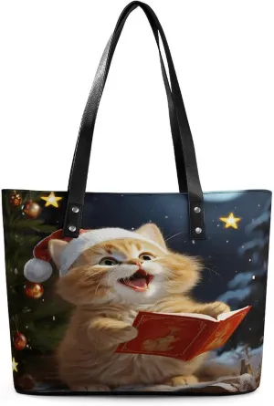 Leather Lady's Handbag,Cute Cat Sing Christmas Carols Leather Shoulder Bag with Large Capacity,tote Bag for Work,shopping,travel,weekend, Style