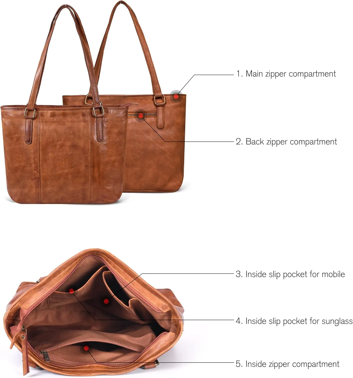 Leather Purse For Women - Real Leather Tote For Women - Ladies Shoulder Handbag For Work, Travel, Casual Use