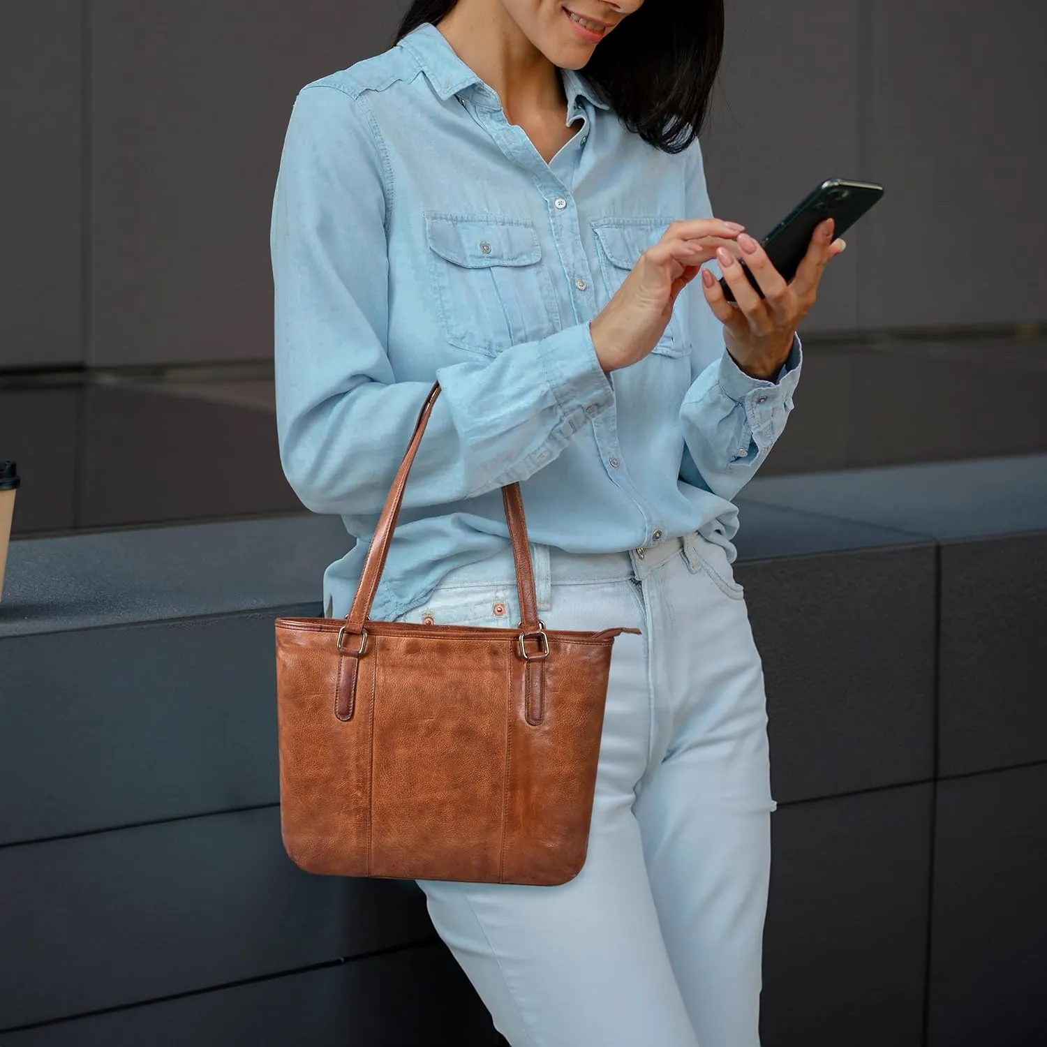 Leather Purse For Women - Real Leather Tote For Women - Ladies Shoulder Handbag For Work, Travel, Casual Use