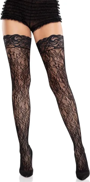 Leg Avenue Women’s Cross Hatch and Floral Lace Stay Up Thigh High Stockings for Women Sexy, Black, One Size