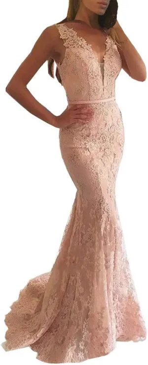 Lemai Women Beaded Lace Mermaid Long V Neck Prom Dresses Formal Evening Gown