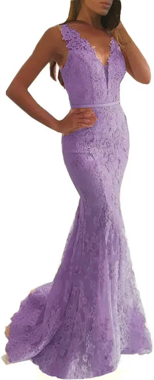 Lemai Women Beaded Lace Mermaid Long V Neck Prom Dresses Formal Evening Gown