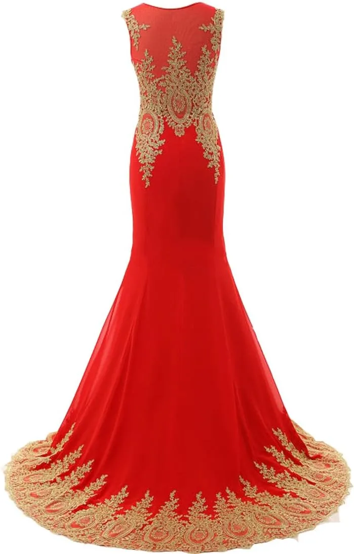 Lemai Women's God Lace Mermaid Sheer Sweep Train Formal Long Prom Evening Dresses