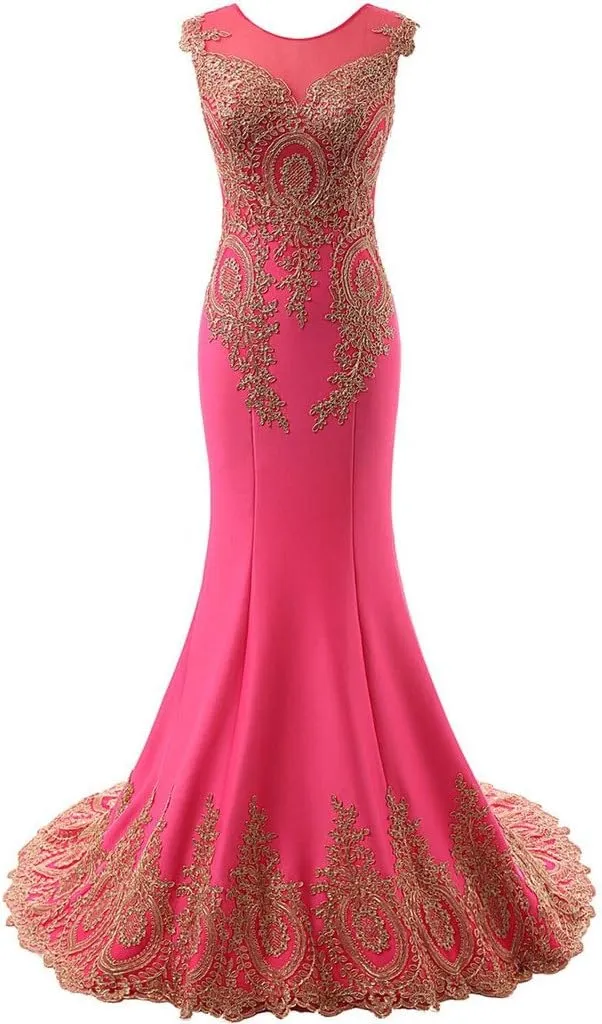 Lemai Women's God Lace Mermaid Sheer Sweep Train Formal Long Prom Evening Dresses