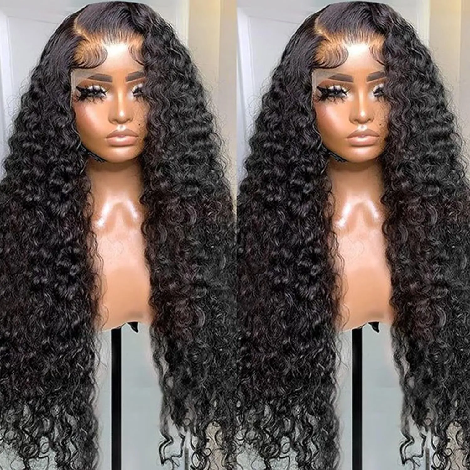 Lemoda 12A Full 13x4 Water Wave Lace Front Virgin Human Hair Wigs 34Inch Deep Wave 13x4 HD Transparent Lace Frontal Wigs Wet and Wavy Human Hair Wig Bouncy Curl Color 1B