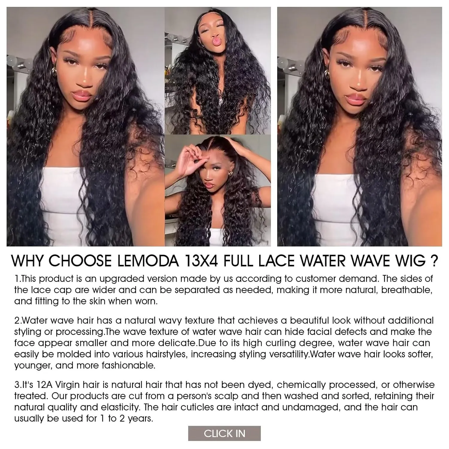 Lemoda 12A Full 13x4 Water Wave Lace Front Virgin Human Hair Wigs 34Inch Deep Wave 13x4 HD Transparent Lace Frontal Wigs Wet and Wavy Human Hair Wig Bouncy Curl Color 1B
