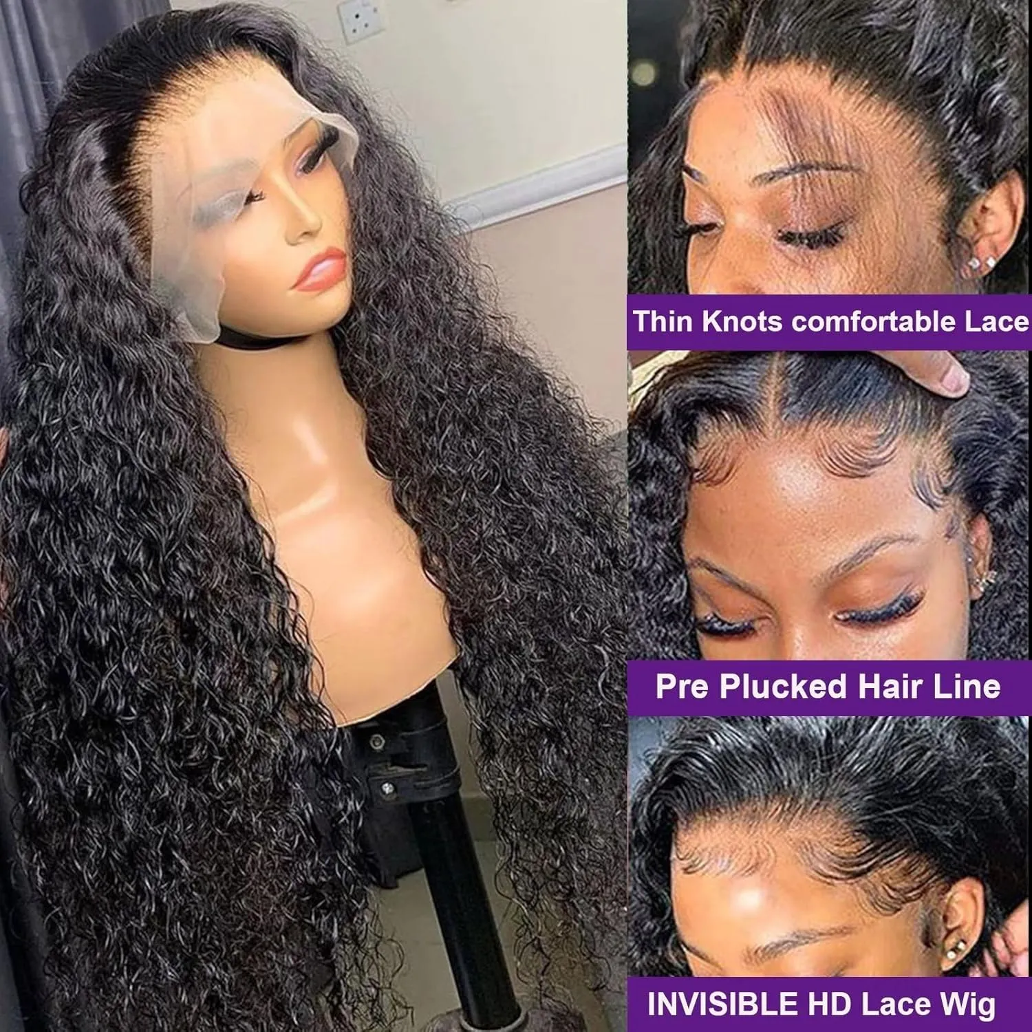 Lemoda 12A Full 13x4 Water Wave Lace Front Virgin Human Hair Wigs 34Inch Deep Wave 13x4 HD Transparent Lace Frontal Wigs Wet and Wavy Human Hair Wig Bouncy Curl Color 1B