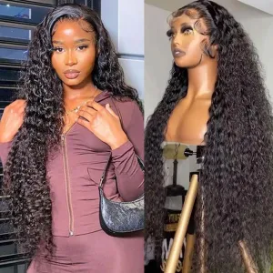 Lemoda 12A Full 13x4 Water Wave Lace Front Virgin Human Hair Wigs 34Inch Deep Wave 13x4 HD Transparent Lace Frontal Wigs Wet and Wavy Human Hair Wig Bouncy Curl Color 1B