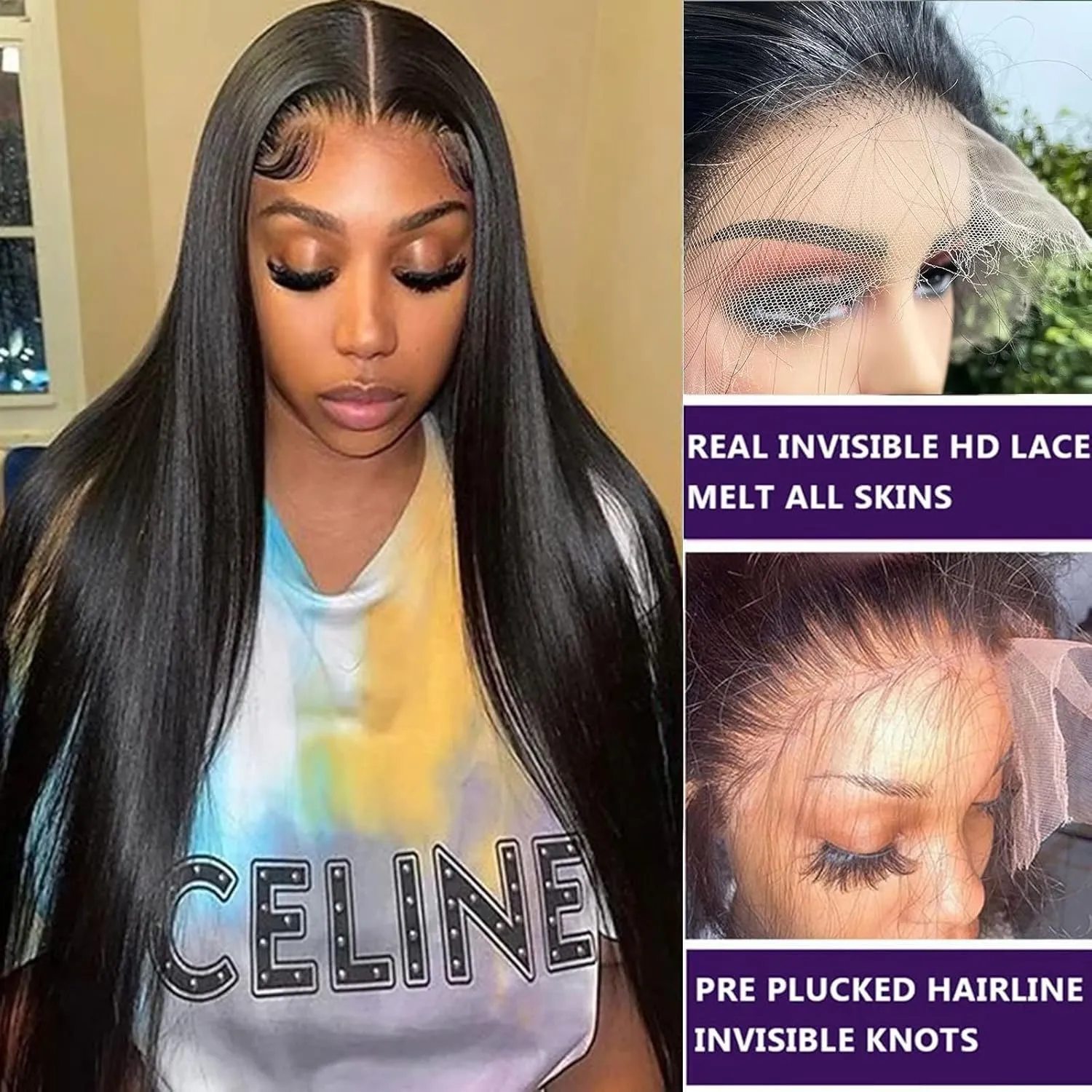 Lemoda 26Inch 13x6 SKINLIKE Real HD Lace Wigs 180% Density 12A Brazilian Straight Virgin Human Hair Lace Frontal Wigs Invisible 0.1mm Ultra-thin Frayed Ends Lace Front Wig Pre Plucked Tiny Knots