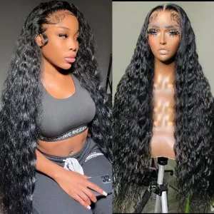 Lemoda 28Inch 12A 250% Density SKINLIKE Real HD Lace Water Wave 13x4 Full Lace Frontal Wigs Deep Wave Virgin Human Hair Invisible 0.1mm Ultra-thin Frayed Ends Wet and Wavy Lace Front Wig Tiny Knots