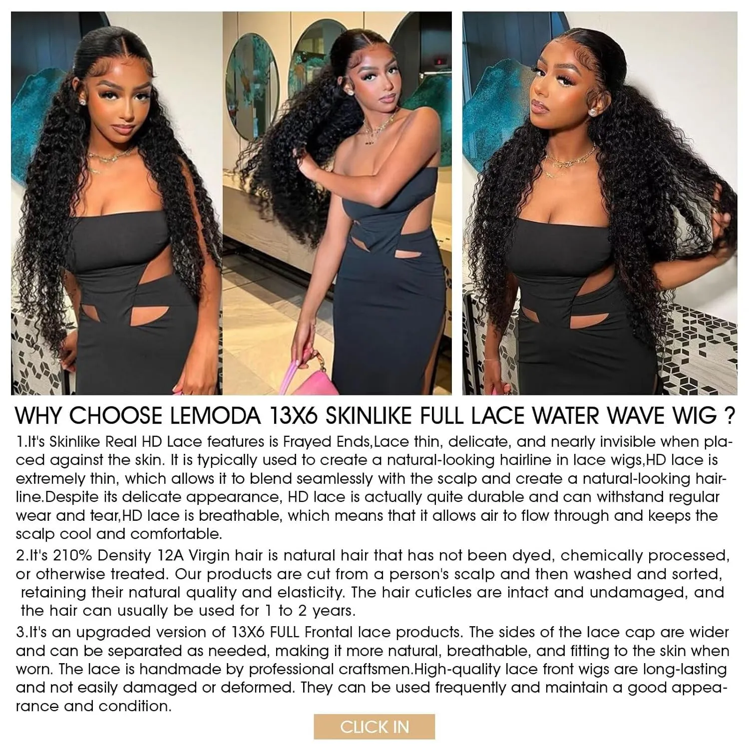 Lemoda SKINLIKE Real HD Full 13x6 Lace Wigs 32Inch Water Wave 13x6 Full Lace Frontal Human Hair Wigs 210% Deep Wave Virgin Human Hair Invisible 0.1mm Ultra-thin Frayed Ends