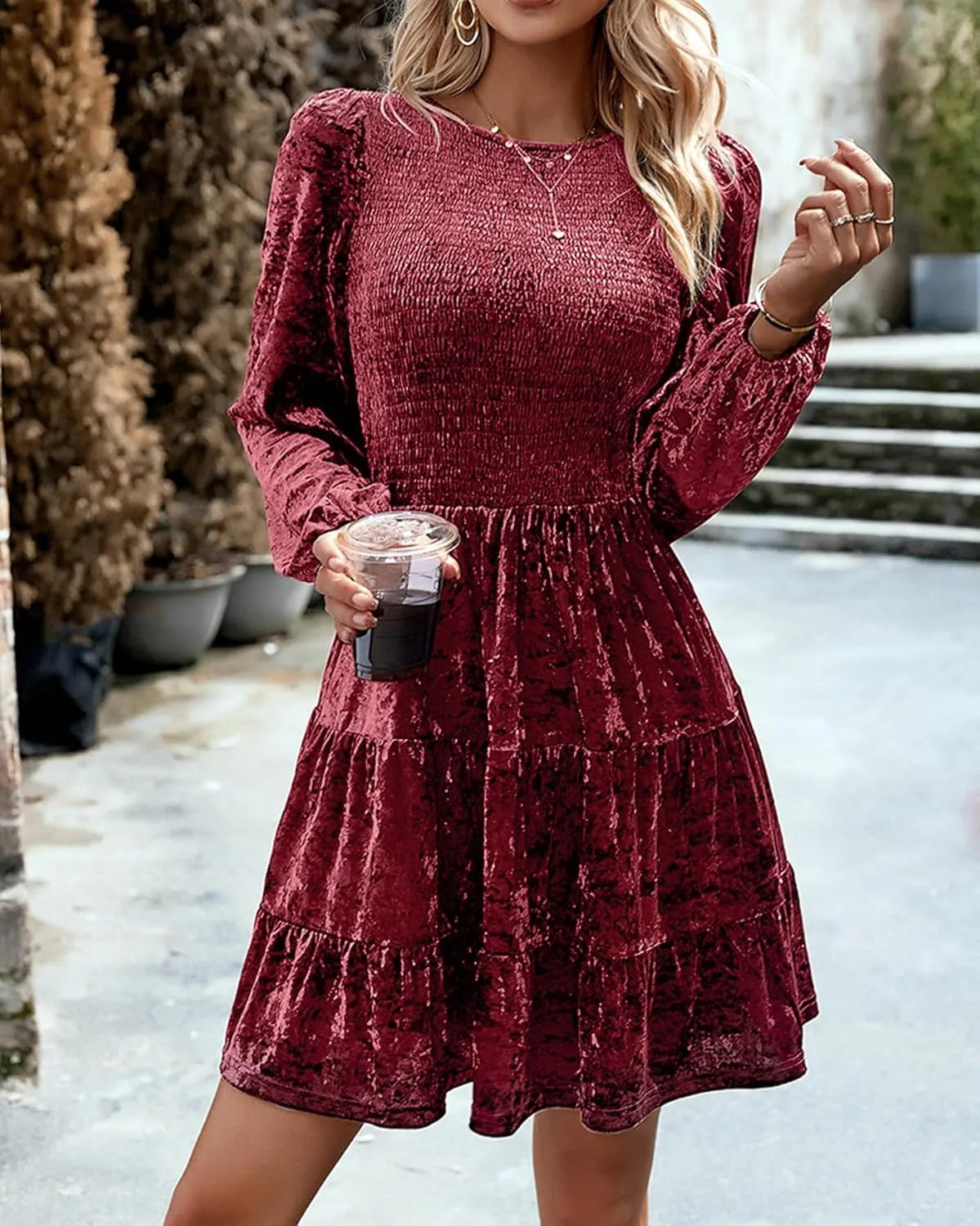 LifeShe Women Velvet Dress Crew Neck Smocked Babydoll Dress Velvet Mini Dresses for Party Cocktail