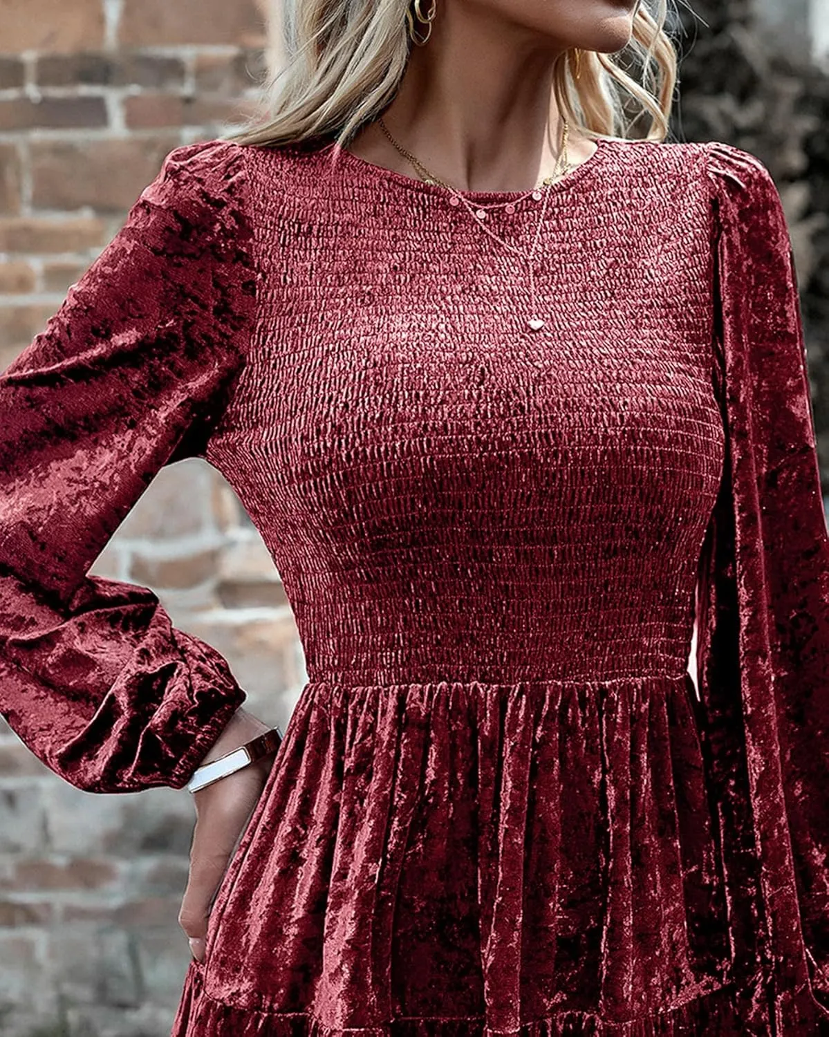 LifeShe Women Velvet Dress Crew Neck Smocked Babydoll Dress Velvet Mini Dresses for Party Cocktail