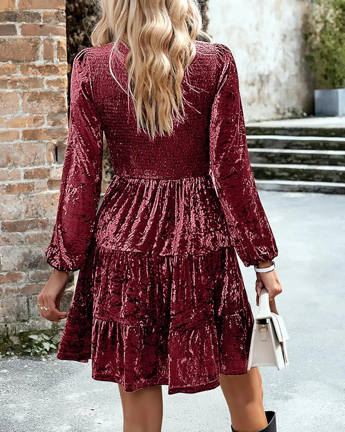 LifeShe Women Velvet Dress Crew Neck Smocked Babydoll Dress Velvet Mini Dresses for Party Cocktail