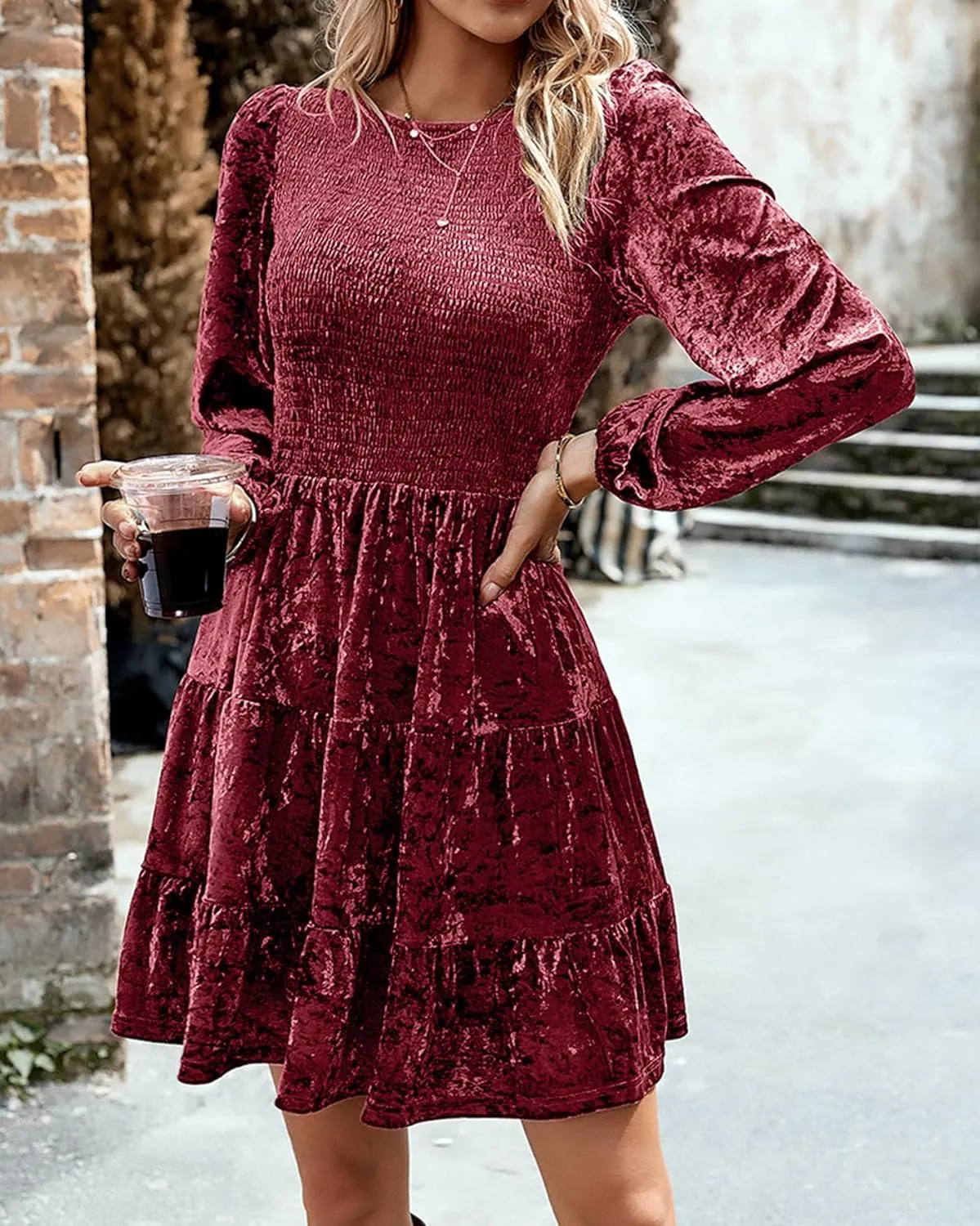 LifeShe Women Velvet Dress Crew Neck Smocked Babydoll Dress Velvet Mini Dresses for Party Cocktail