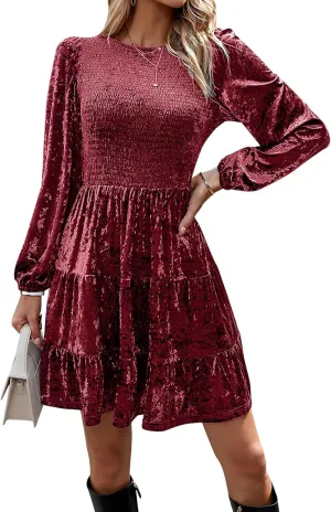 LifeShe Women Velvet Dress Crew Neck Smocked Babydoll Dress Velvet Mini Dresses for Party Cocktail