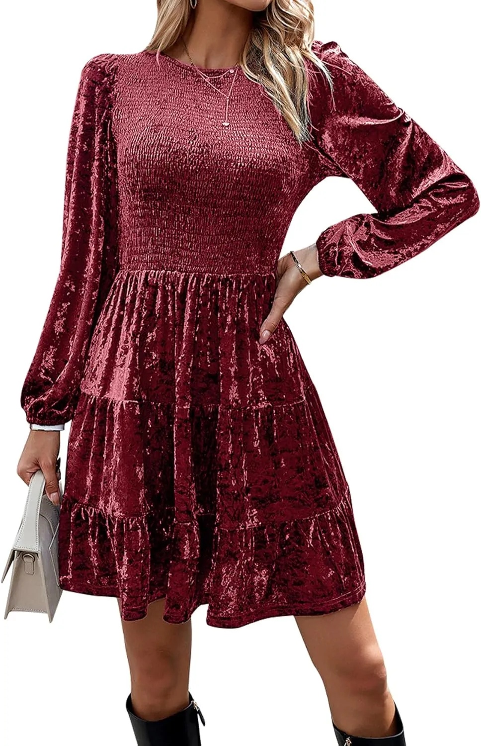 LifeShe Women Velvet Dress Crew Neck Smocked Babydoll Dress Velvet Mini Dresses for Party Cocktail