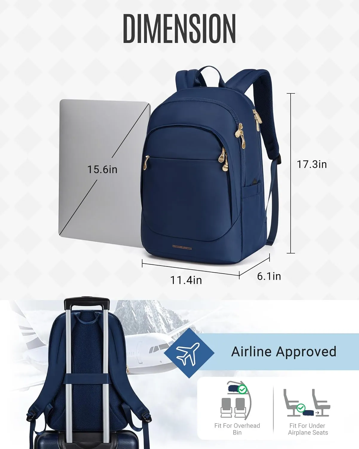 LIGHT FLIGHT Travel Laptop Backpack Women, 15.6 Inch Laptop Backpack with USB Charging Hole, Water Resistant College Bookbag, Large Capacity Black Computer Backpacks for Work, Blue