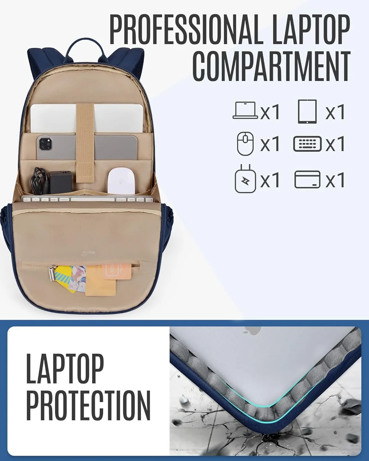 LIGHT FLIGHT Travel Laptop Backpack Women, 15.6 Inch Laptop Backpack with USB Charging Hole, Water Resistant College Bookbag, Large Capacity Black Computer Backpacks for Work, Blue
