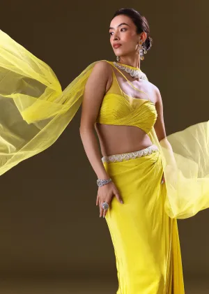 Lime Yellow Fishcut Skirt With One Shoulder Blouse And Tasseled Belt