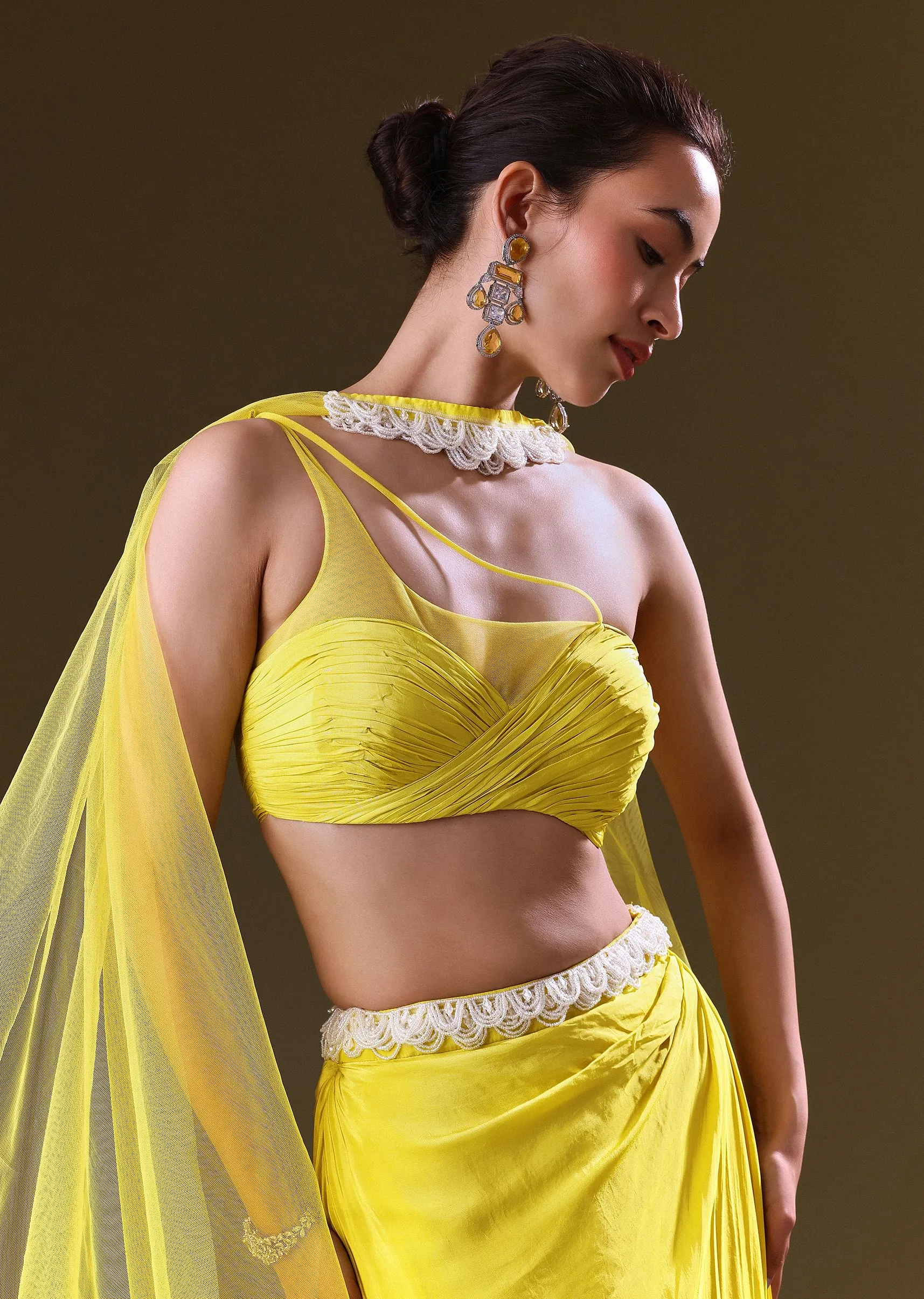 Lime Yellow Fishcut Skirt With One Shoulder Blouse And Tasseled Belt