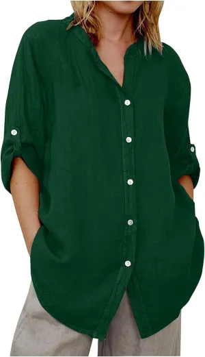 Linen Shirts for Women 3/4 Roll Up Sleeve Casual Loose Fit Button Down Boyfriend Blouses Beach Vacation Tunic Tops