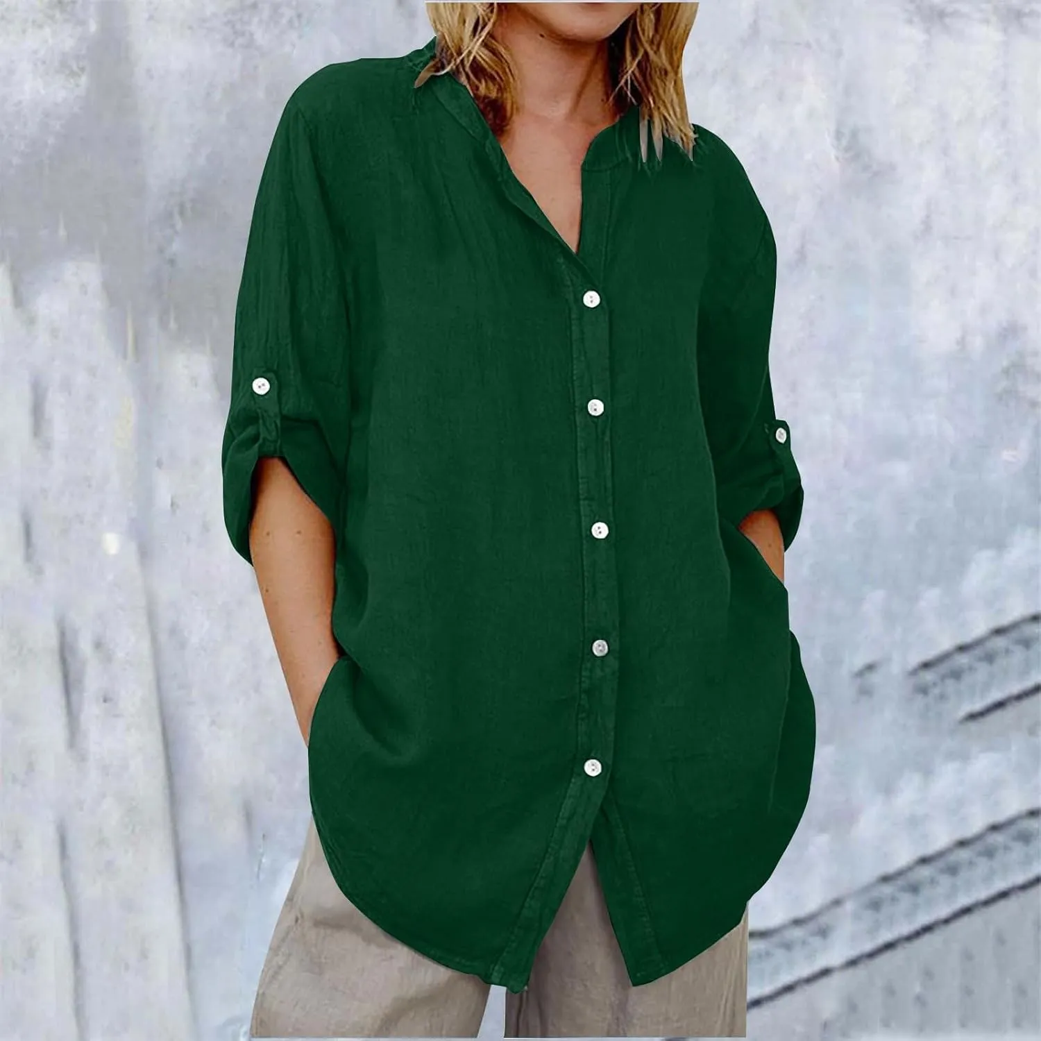 Linen Shirts for Women 3/4 Roll Up Sleeve Casual Loose Fit Button Down Boyfriend Blouses Beach Vacation Tunic Tops