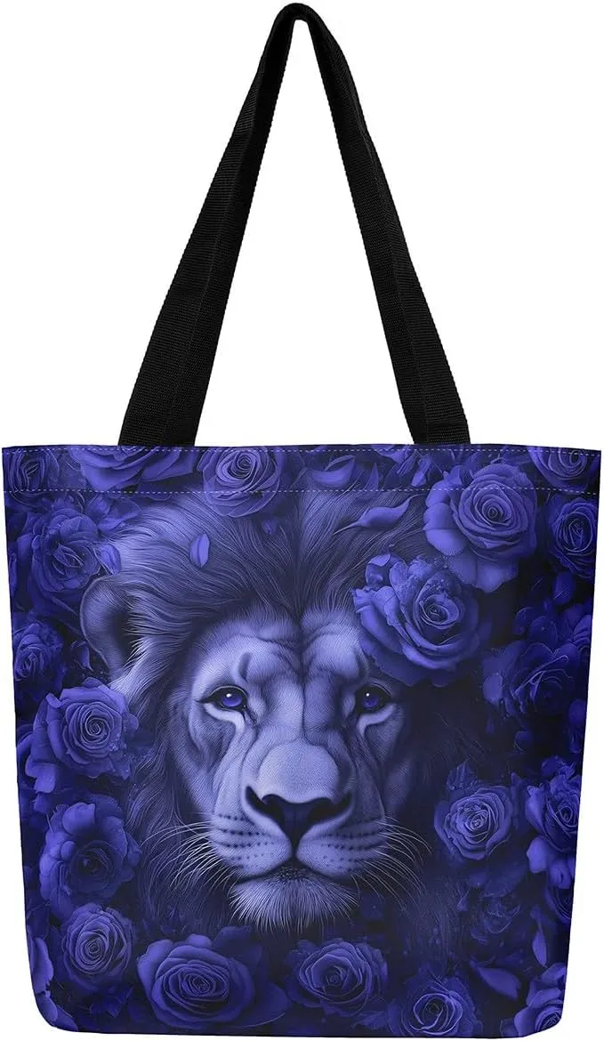 Lion Eagle Canvas Tote Bag,3D Print Wild Animals Aesthetic Shoulder Handbags for Shopping Gym