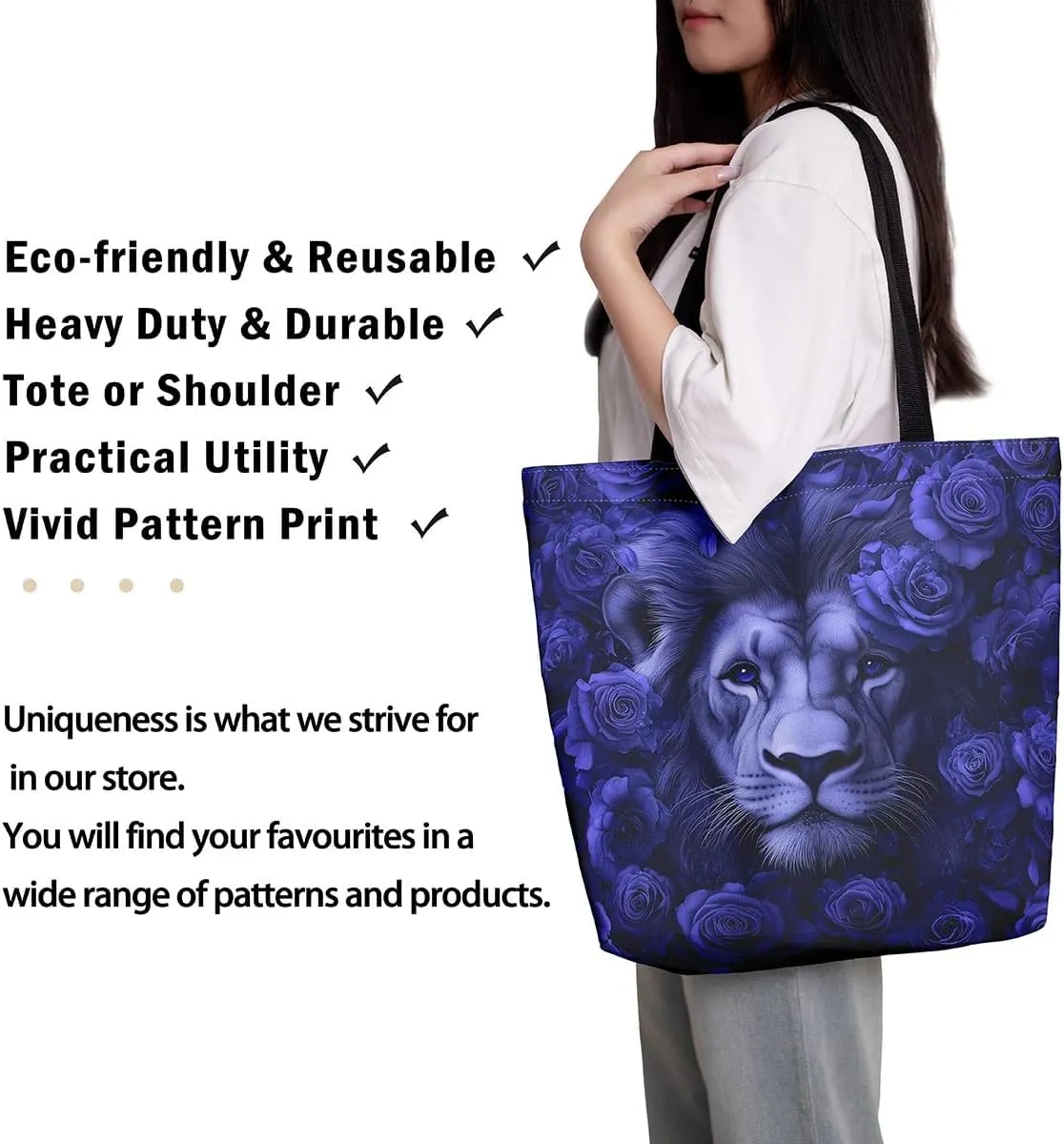 Lion Eagle Canvas Tote Bag,3D Print Wild Animals Aesthetic Shoulder Handbags for Shopping Gym