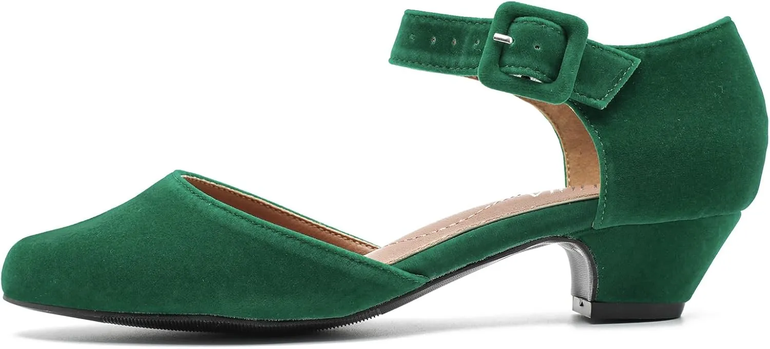 LIURUIJIA Women's Closed Toe Low Chunky Heel Pumps Ankle Strap Dress Shoes for Work Wedding Party Dance