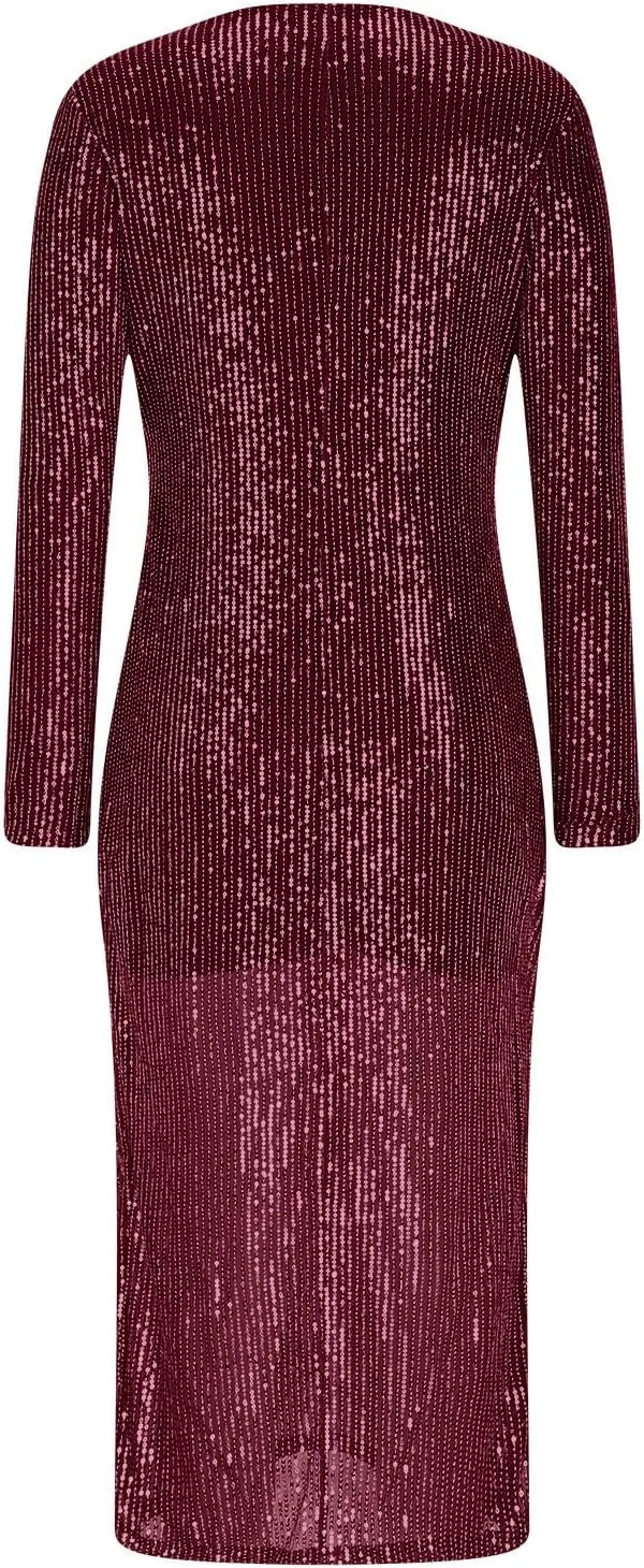 Lmdudan Women's Deep V Neck Twist Front Long Sleeve Dresses Sequin Formal Wedding Guest Dress Evening Cocktail Party Dress