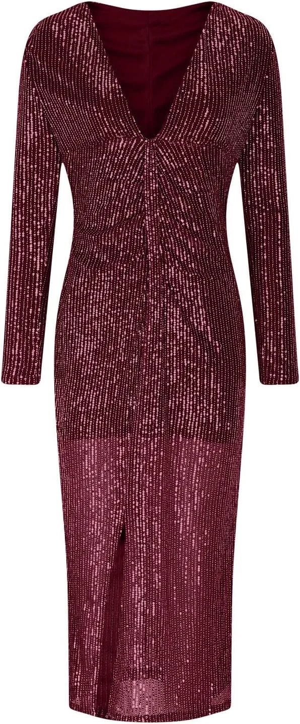 Lmdudan Women's Deep V Neck Twist Front Long Sleeve Dresses Sequin Formal Wedding Guest Dress Evening Cocktail Party Dress