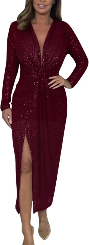 Lmdudan Women's Deep V Neck Twist Front Long Sleeve Dresses Sequin Formal Wedding Guest Dress Evening Cocktail Party Dress