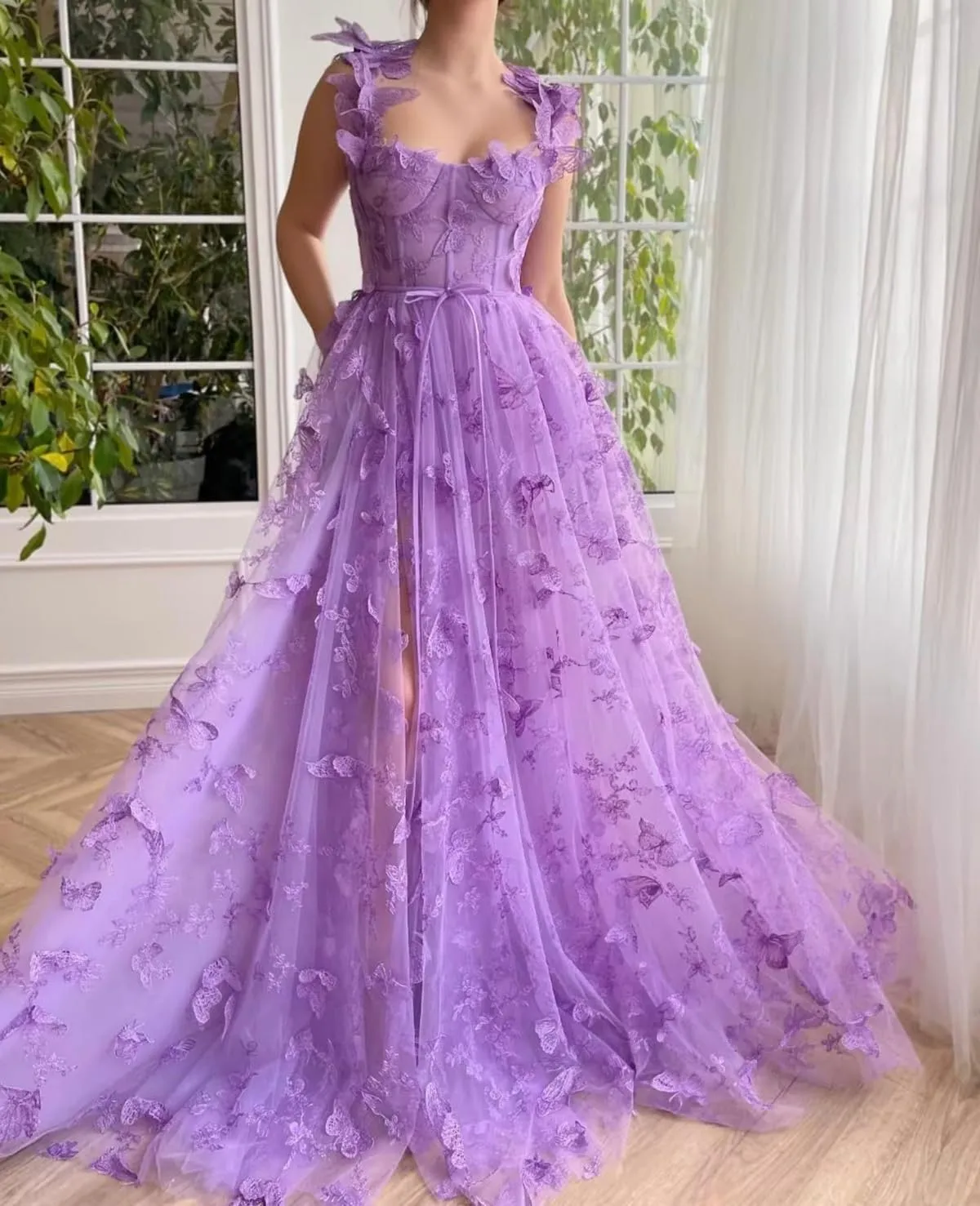 Long 3D Butterflies Dress Tulle Prom Dress for Women Lace Formal Evening Dresses