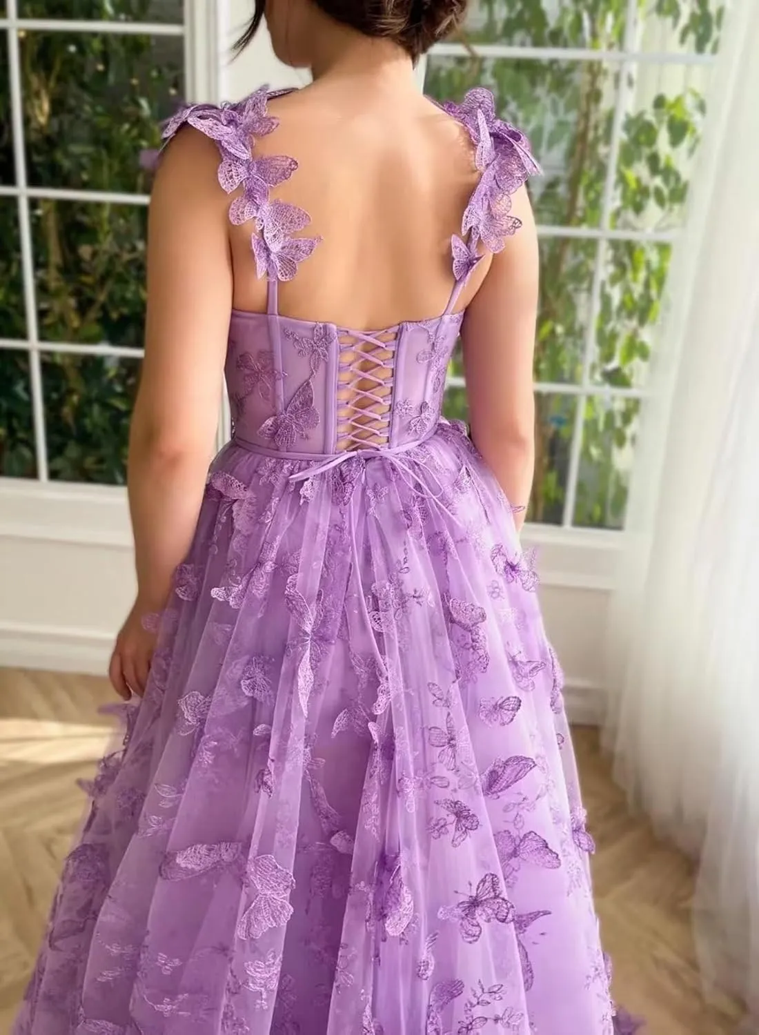 Long 3D Butterflies Dress Tulle Prom Dress for Women Lace Formal Evening Dresses