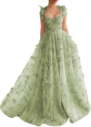 Long 3D Butterflies Dress Tulle Prom Dress for Women Lace Formal Evening Dresses