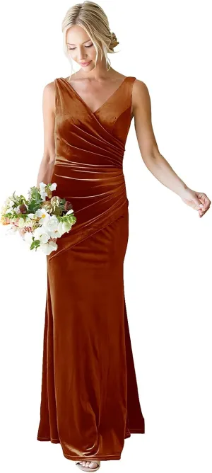 Long Bridesmaid Dresses V Neck Ruched Velvet Dress for Women Formal Fitted Sleeveless Evening Gown VE2