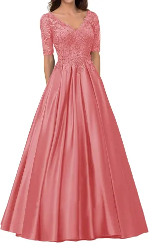 Long Formal Dresses Satin Mother of The Bride Dresses Lace Appliques Evening Dress V-Neck