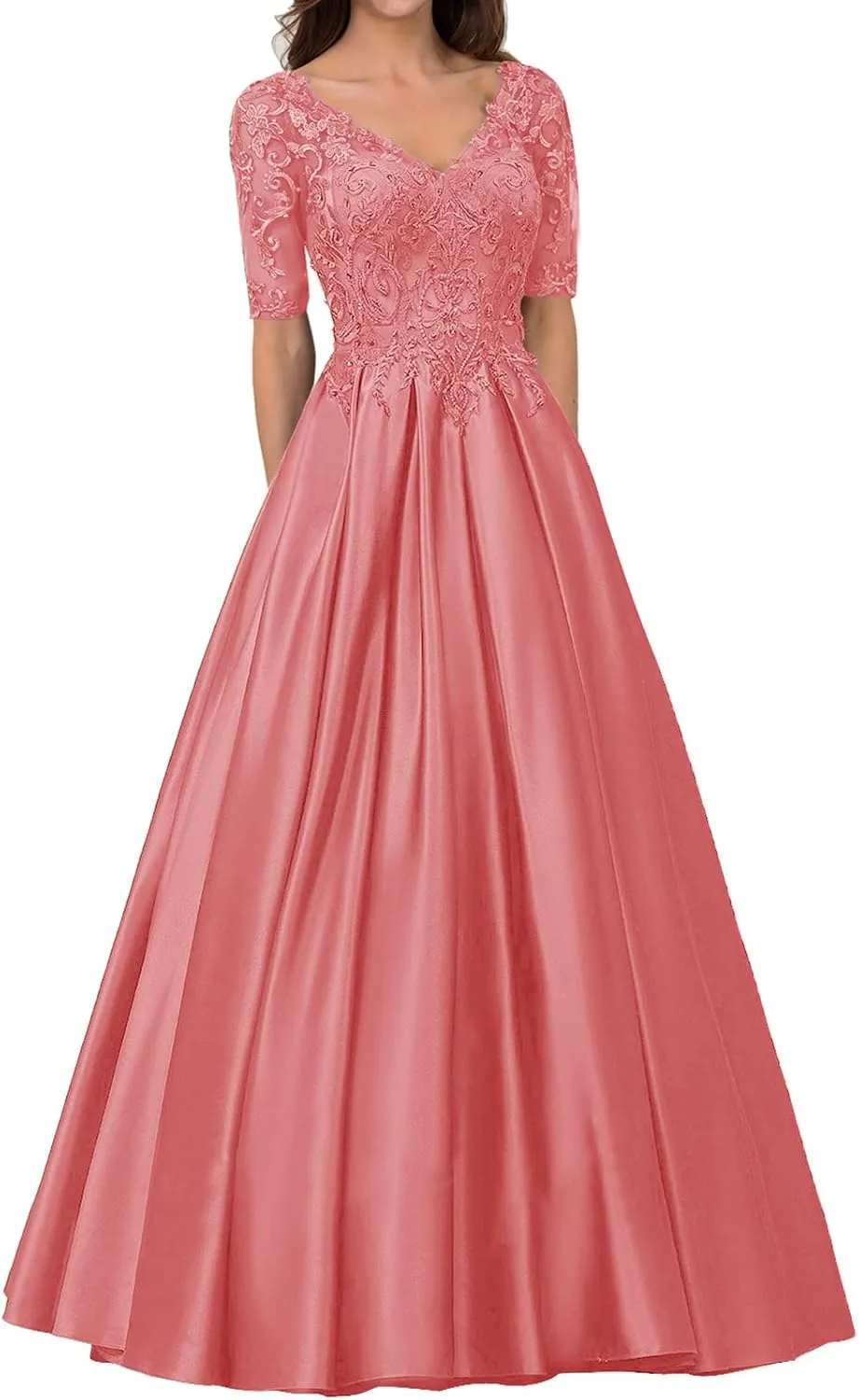 Long Formal Dresses Satin Mother of The Bride Dresses Lace Appliques Evening Dress V-Neck