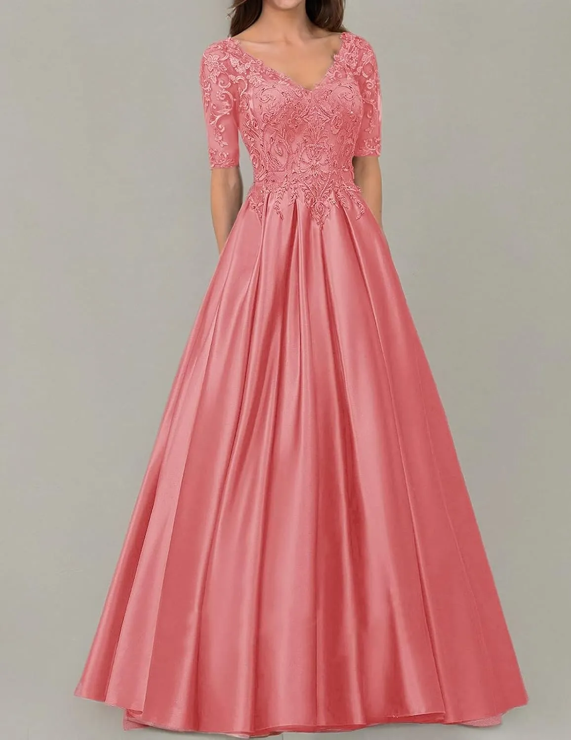 Long Formal Dresses Satin Mother of The Bride Dresses Lace Appliques Evening Dress V-Neck