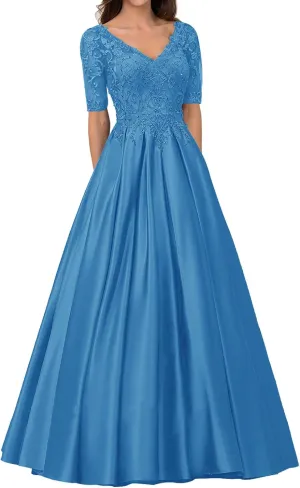 Long Formal Dresses Satin Mother of The Bride Dresses Lace Appliques Evening Dress V-Neck