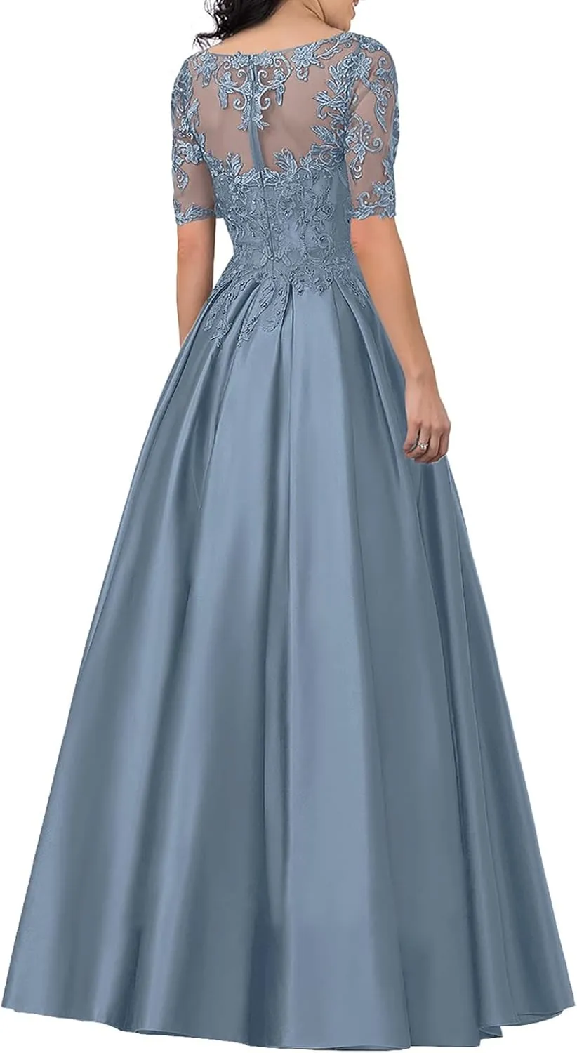 Long Formal Dresses Satin Mother of The Bride Dresses Lace Appliques Evening Dress V-Neck
