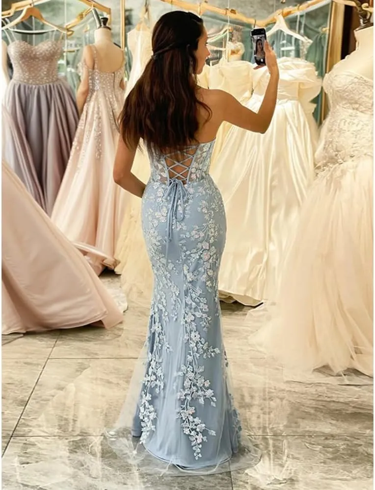 Long Prom Dress Mermaid Sheath Sweetheart Appliques lace Formal Dresses for Women
