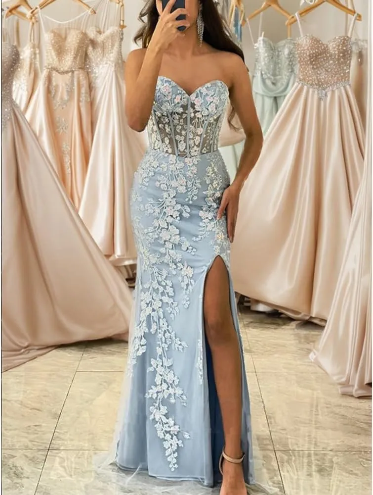 Long Prom Dress Mermaid Sheath Sweetheart Appliques lace Formal Dresses for Women