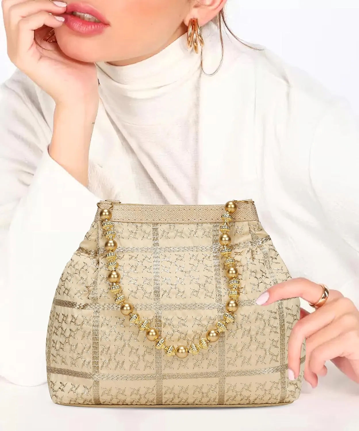 LONGING TO BUY Potli Bags for Women Embroidered Evening Purses with Gold Pearl Handle, Indian Women Potli Bags for Wedding