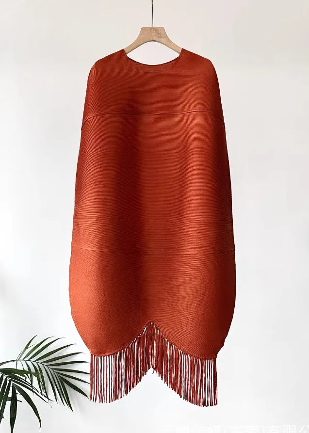 Loose Orange O Neck Tasseled Cotton Dresses Half Sleeve