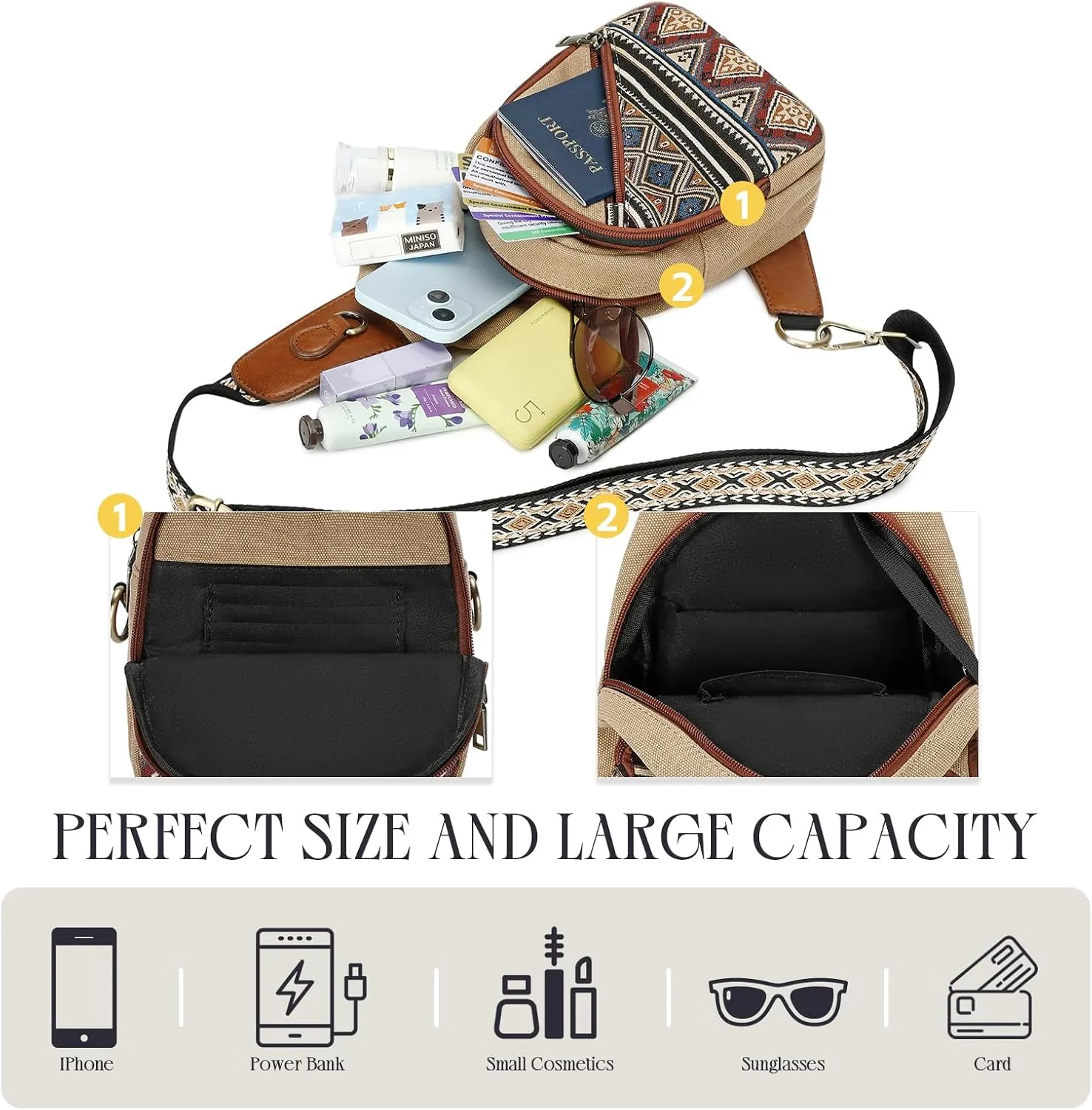 Love Deliver Small Sling Bag, Canvas Crossbody Boho Sling Backpack ─ Detachable Strap