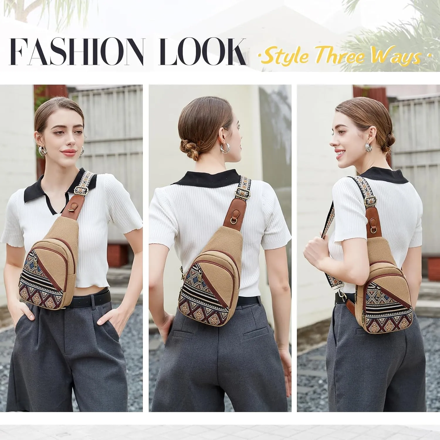 Love Deliver Small Sling Bag, Canvas Crossbody Boho Sling Backpack ─ Detachable Strap